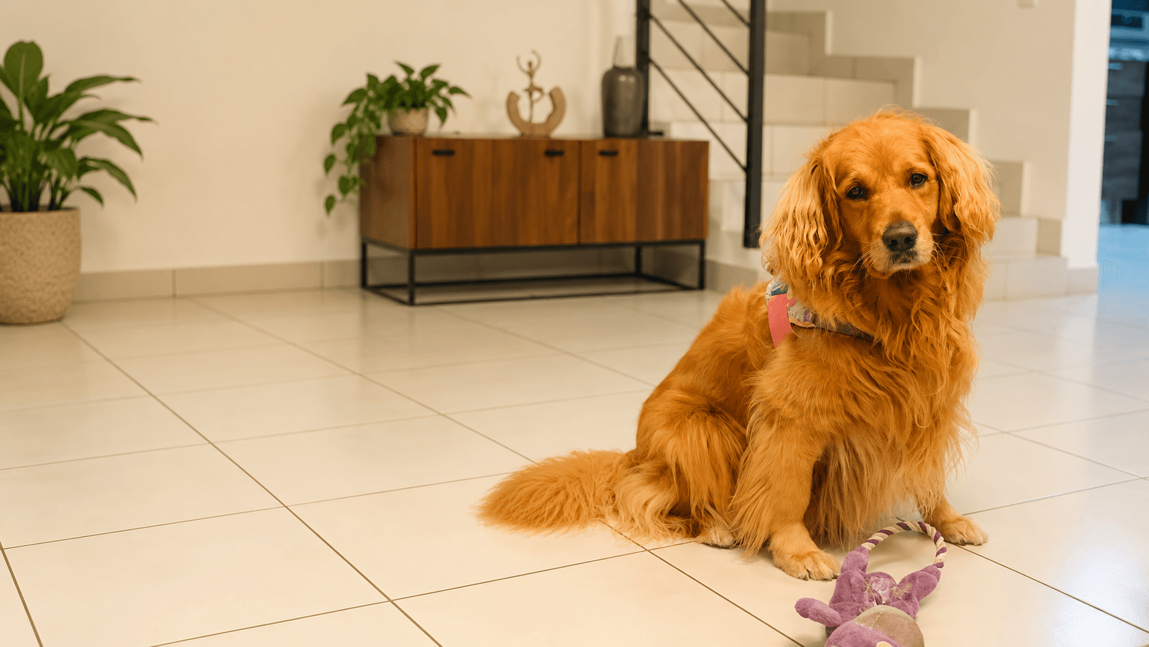 Bria, la perrita de nuestra familia, sentada en casa junto a su juguete